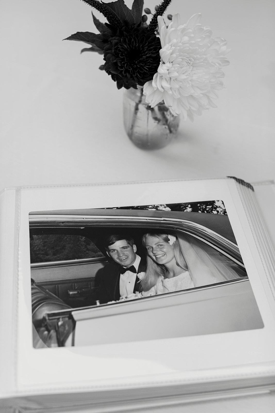 Black and white flowers from a vintage wedding